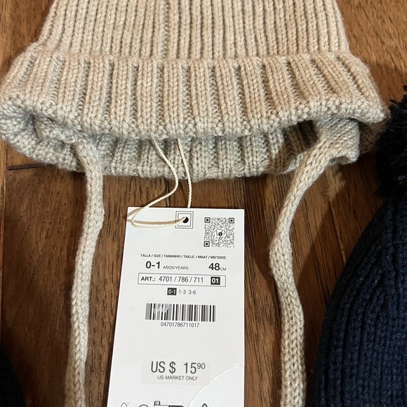 NWT Zara Baby Toddler Pom-Pom Knit Hat Bundle (3) - Black, Beige, and Navy - Picture 3 of 8